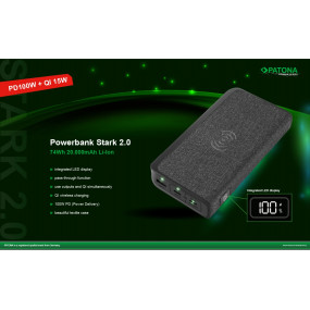 PATONA Premium Powerbank Stark 2.0 PD100W 20000 mAh, kabelloses QI-Laden, 2xUSB-C 1xUSB-A-Anschluss