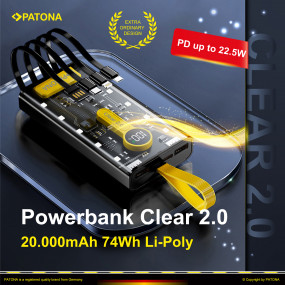 PATONA Powerbank Clear 2.0 PD22,5W 20.000mAh mit 4 integrierten Ladekabeln